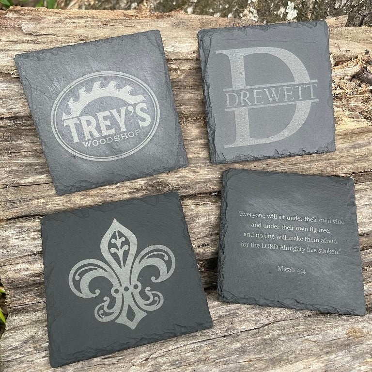 4 inch Coaster Custom Engraving Starter Kit: 4 inch Coaster Engraving Jig + 4 Slate Coasters + Holder Display Stand + Lightburn File