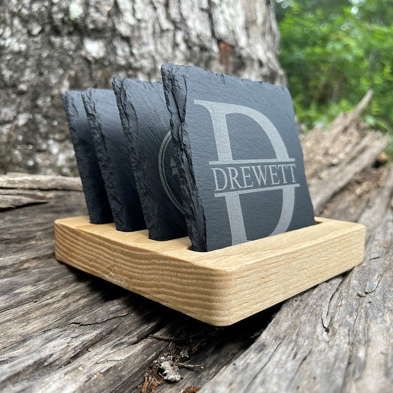 4 inch Coaster Custom Engraving Starter Kit: 4 inch Coaster Engraving Jig + 4 Slate Coasters + Holder Display Stand + Lightburn File